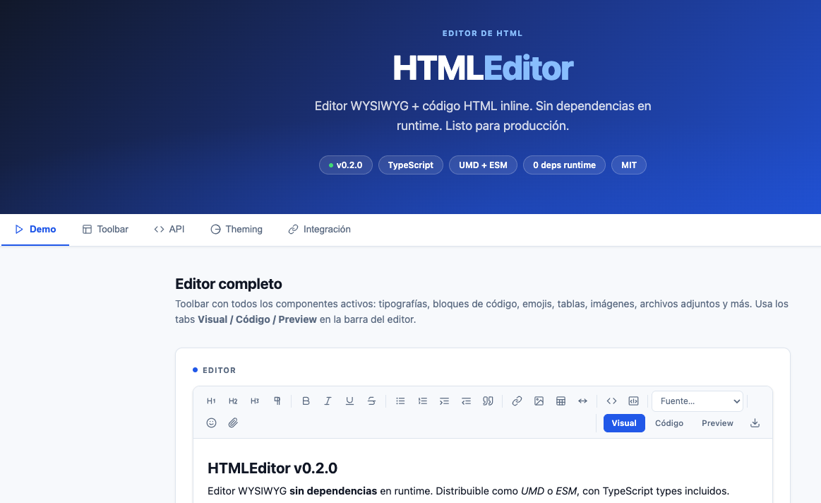 Editor WYSIWYG + código HTML inline
